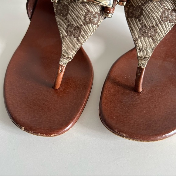 Gucci Horsebit Brown Leather and GG Canvas Slide Sandals Size 8.5B - Picture 5 of 10